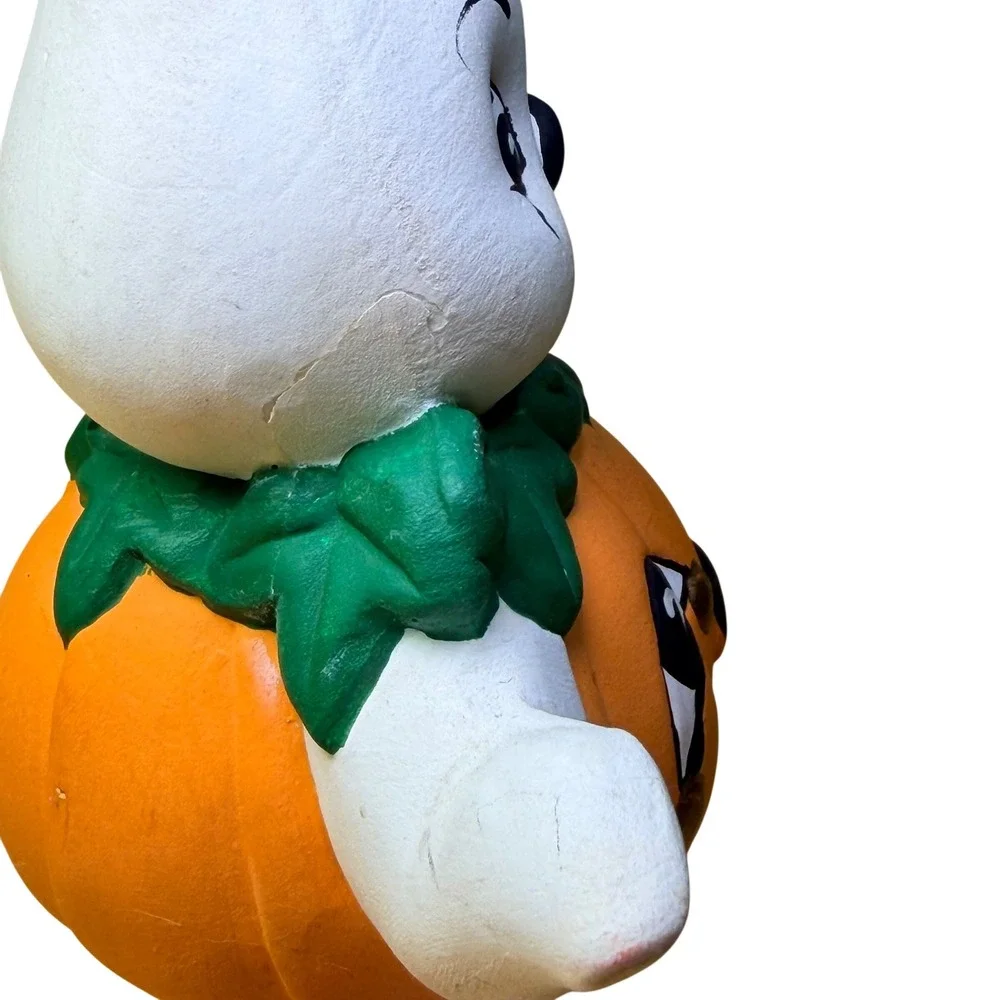 Vtg Ceramic Ghost Holding Pumpkin Figurine Halloween Jack O Lantern Sad Face
